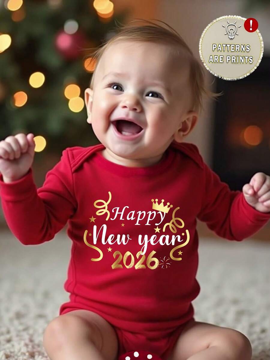 Souflis Souflis Body neonato maschio con stampa corona e "Buon Anno" a maniche lunghe, adatto per Capodanno e la stagione primaverile - Rosso - Visualizzare 1