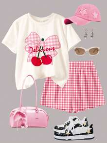 Emery Rose Kids Emery Rose Kids Bộ 2 chiếc/bộ dễ thương Mini kẻ caro màu hồng, họa tiết quả anh đào cho bé gái tuổi teen, áo thun cổ tròn tay ngắn thường ngày và quần short, thích hợp cho kỳ nghỉ hè - Nhiều màu - Xem 3