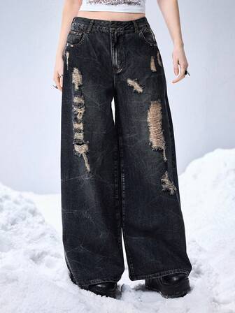 Grunge Punk Relaxed Fit Grunge Vintage Distressed Design Oversized Skull Print Women Jeans