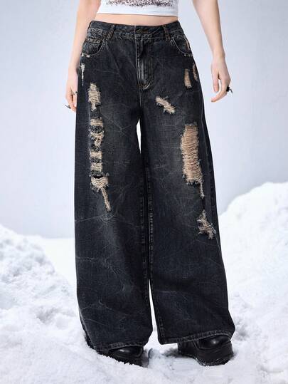 Grunge Punk Jean femme oversize avec imprimé crâne, style vintage décontracté et usé
