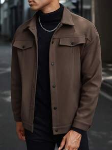 Manfinity CasualCool Men's Casual Everyday Commute Simple Solid Color Zip-Up Lapel Jacket, Autumn Western Men Woolen Shacket Brown Jackets - Coffee Brown - View 6