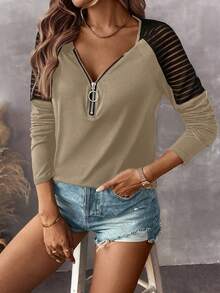 SHEIN LUNE Women's Autumn Splice Shoulder Zip V-Neck Raglan Long Sleeve Casual Knit T-Shirt - Apricot - View 3