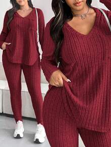 Vionelle Conjunto de top y pantalones de talla grande con textura y rayas en cuello en V - Burdeos - Ver 1