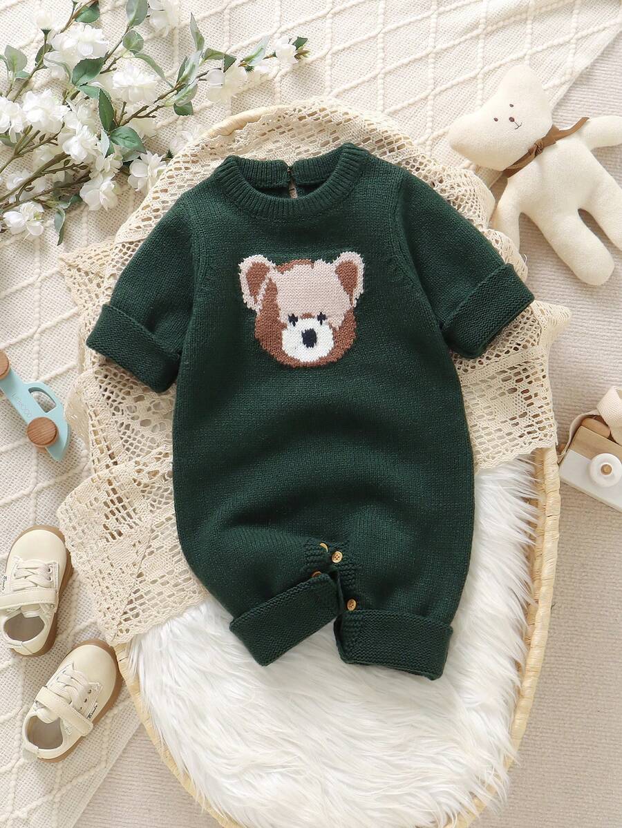 SHEIN Vintaside Kids 婴儿/幼儿男童时尚可爱百搭小熊提花针织连体衣 - 墨綠色 - 查看 1