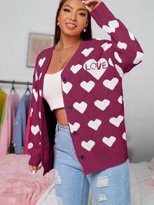 EURMUSE Plus Size Casual Heart Pattern Button-Up Cardigan, Autumn/Winter - Burgundy - View 4