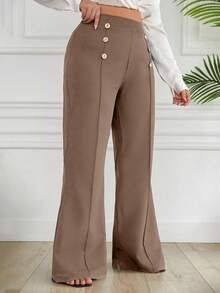 EURMUSE Plus Size Double Breasted Decorative Flared Trousers - Camel - View 3