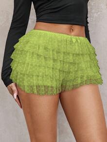 SHEIN SXY 大码女式时尚性感街头风少女波点蕾丝荷叶边低腰迷你短裤，芭蕾舞风格，适合日常穿着、西式装扮、邮轮旅行、音乐节、演唱会、狂欢派对、海滩度假、约会之夜、生日派对、单身派对、夜店、可爱休闲、购物、街头风、外出等场合，易于搭配，显瘦，凸显身材，修饰身形 - 綠色 - 查看 1