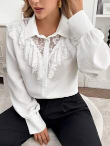 EMERY ROSE Áo sơ mi ren vá thanh lịch cỡ lớn dành cho nữ, thích hợp mặc hàng ngày, đi làm, hẹn hò, dự tiệc, áo cánh dài tay cho mùa thu/đông - trắng - Xem 6