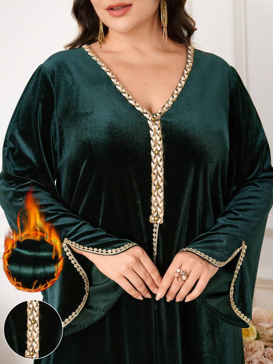 Al Najma 大码女式优雅天鹅绒V领阿拉伯风格连衣裙 - 墨綠色 - 查看 1