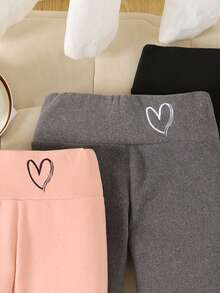 SHEIN Bộ 3 quần legging lót nhiệt họa tiết trái tim dệt kim cạp cao cho bé gái tuổi teen - Màu Hồng baby - Xem 4