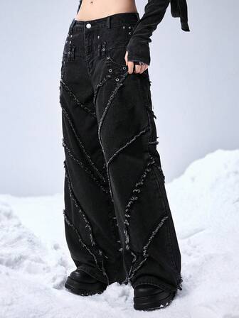 Grunge Punk Jeans femme taille basse évasé avec effet usé