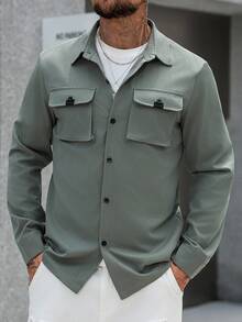 Manfinity Homme Men's Solid Color Casual Shacket, Men Sage Green Shirt, Olive Green Men Shirt, Men S Dusty Green Tops, Green Jacket For Men , Fall - Green - View 5