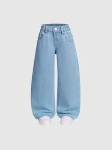 SHEIN Explorewe 2件套少女百搭直筒阔腿牛仔裤，宽松舒适休闲牛仔裤，适合春秋季和假期穿着 - 彩色 - 查看 3