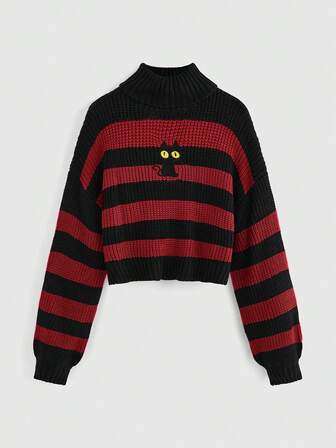 Kawaii Casual Cute Black Cat Embroidery Striped Turtleneck Sweater For Girls