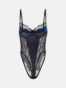 ROMWE Goth Body com aro e decoração de cruz gótica em veludo e renda contrastante - Azul Real - Ver 3