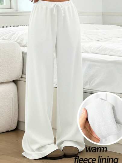 SHEIN Tween Girls' Casual Basic Minimalist Thermal Lined Ribbed Knit Relaxed Fit Wide Leg Sweatpants, Autumn/Winter