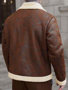 Manfinity CasualCool 2025男士秋冬户外夹克，撞色领拉链长袖夹克，秋冬款，2025仿麂皮夹克，保暖内衬夹克 - 咖啡棕 - 查看 2