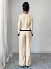 Elenzga Bộ đồ hai mảnh tương phản đen trắng thanh lịch thu/đông 2025 dành cho nữ - Màu be - Xem 2
