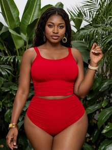 Slaydiva 2-Piece Plain Color Plus Size Tankini Set For Women Summer - Red - View 5