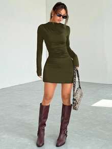 SHEIN EZwear Women's Simple Solid Color Ruched Body-Con Dress, Autumn Sexy Long Sleeve Dresslong Sleeve Black Dress Ruched Bodycon Dress Army Green Dress Women Women Long Sleeve Dress Olive Dress - Army Green - View 6