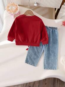 SHEIN 2pcs/Set Toddler Girls' Casual Cute Bowknot Round Neck Raglan Sleeve Sweatshirt And Elastic Waist Loose Straight Leg Jeans Pants, Back To School Outfit, Suitable For Spring, Autumn - Burgundy - View 2
