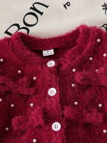 2pcs Young Girl Knitted Fuzzy Beaded Bow Cardigan Jacket And Black Pants Set, Comfortable, Cute, Spring/Autumn - Red - View 5