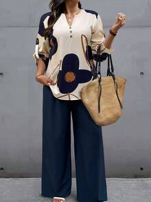 SHEIN LUNE Plus Size Women Floral Print Top And Solid Color Pants Casual Matching Set, Autumn/Winter - Multicolor - View 3