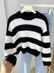SHEIN Tween Girl Thick Knit Long Sleeve Sweater, Fashionable & Minimalist, Autumn/Winter Cropped Sweater Aesthetic Striped Sweater Cute Sweater Autumn Winter Sweater Jumper - Black and White - View 4