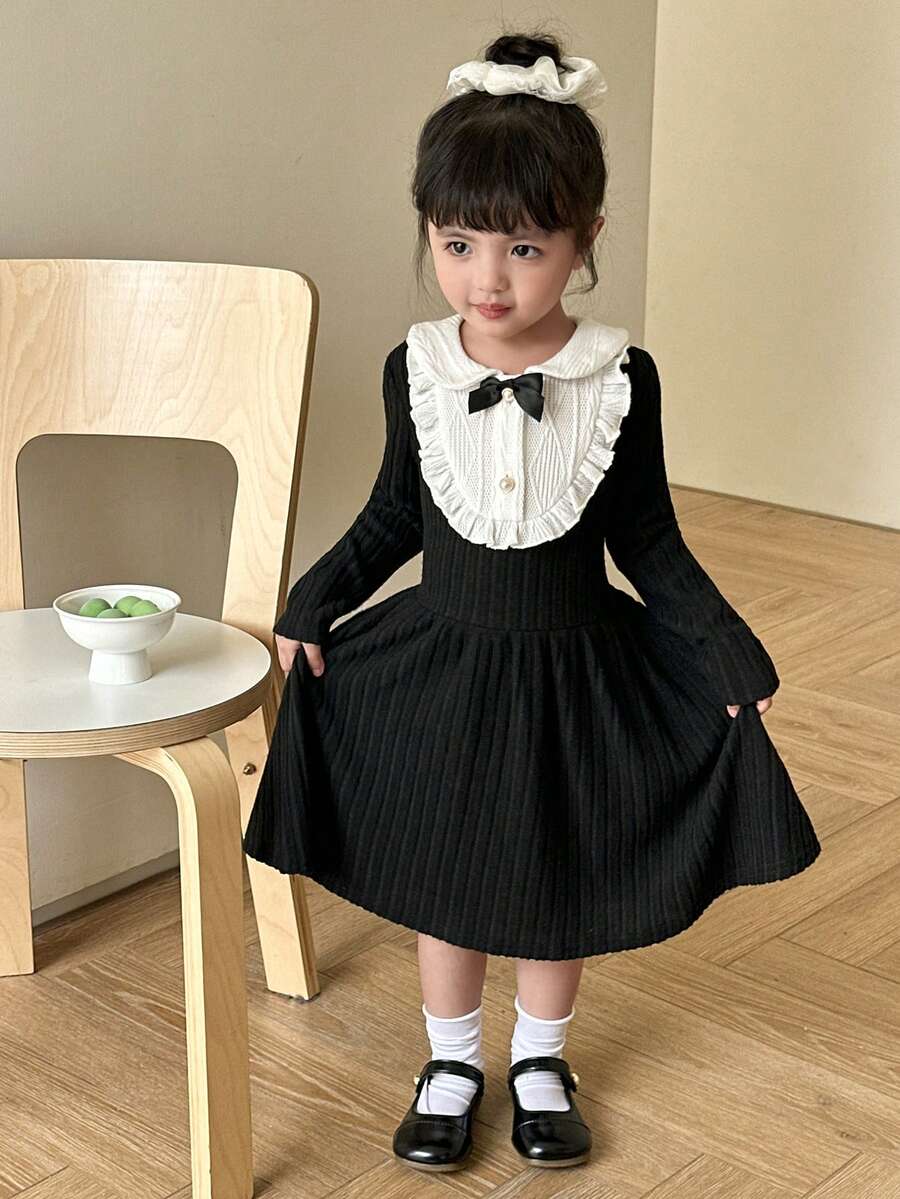 SHEIN 2pcs/Set Young Girl Knitted Contrast Color Collar Fitted Casual Dress