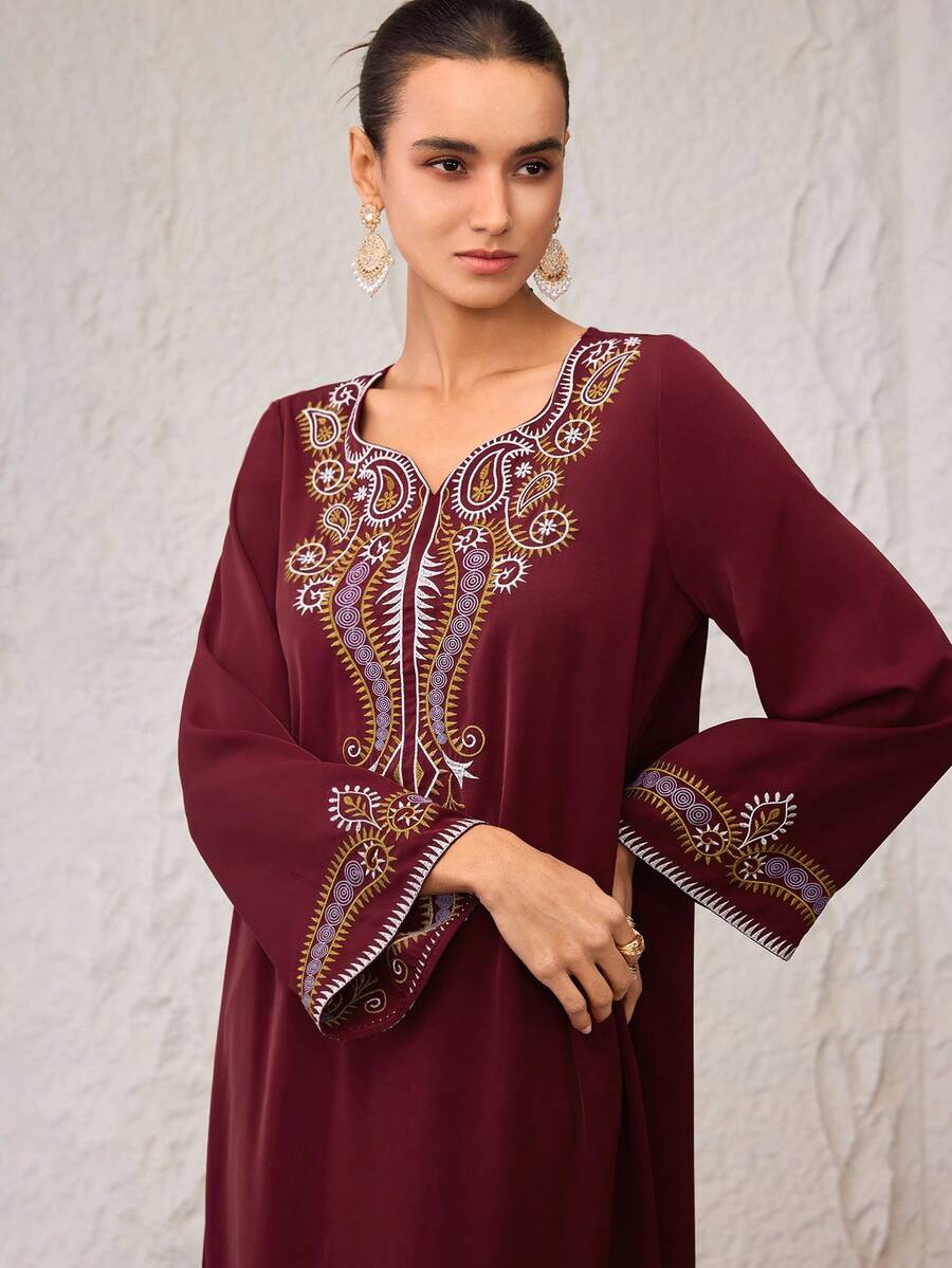 SHEIN Najma Váy dự tiệc tay loe thêu họa tiết Ả Rập thanh lịch dành cho nữ - Màu Đỏ Sâu - Xem 1