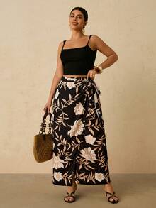 Travachic 大码女式优雅印花裹身系带半身裙，浪漫波西米亚风沙滩裙 - 黑色 - 查看 7