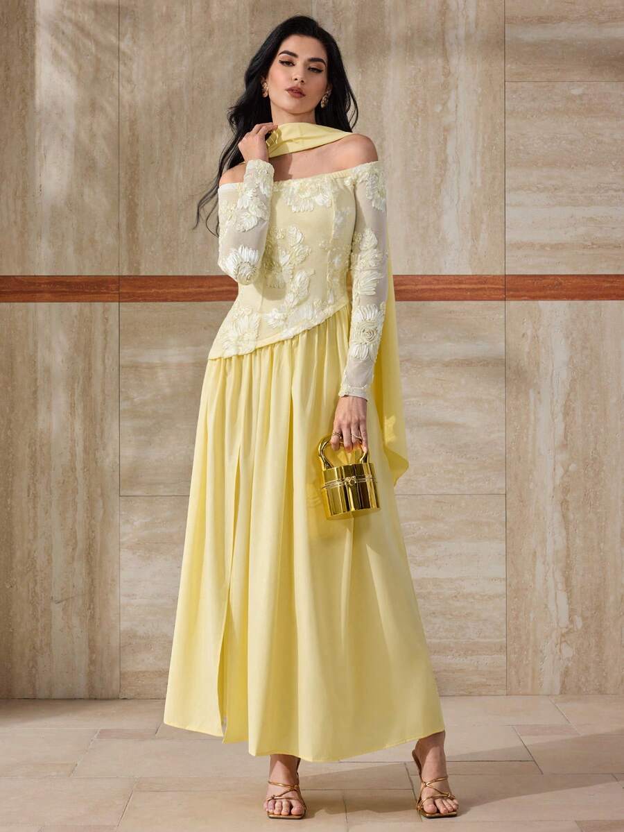 Modelyn Robe élégante à épaules dénudées, manches longues, volants et fente à l'ourlet, en jacquard floral pour femmes