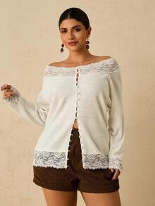 Travachic 大码优雅纯色蕾丝拼接露肩开衫 - 白色 - 查看 4