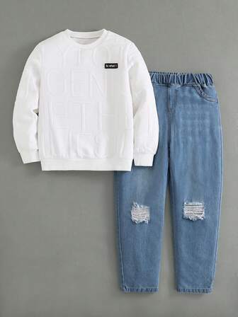 SHEIN 两件套休闲纹理面料连帽衫和牛仔裤，适合大龄男孩