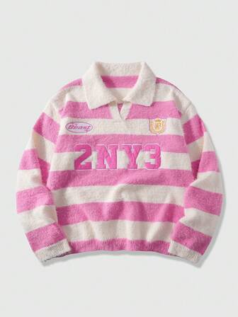 Street Life Men's Preppy Letter Embroidery Striped Pattern Casual Pullover Sweater