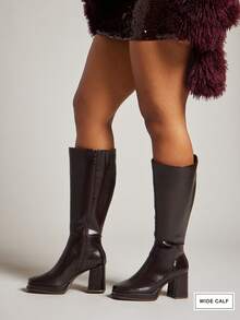 SHUZIA #宽筒女式 3.25 英寸粗跟和 1 英寸厚底方头高级油巧克力色过膝长靴 – 时尚、精致，彰显您大胆的秋冬风格。 - 咖啡棕 - 查看 2