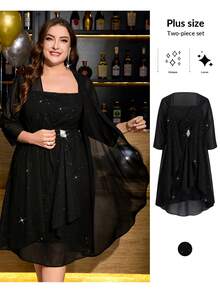 Gownix Plus Size Elegant Chiffon 2 Pieces Set: Autumn/Winter Flowing Chiffon Jacket And Multi-Layered Ruffle Chiffon Dress With Waist Rhinestone Decor - Black - View 4