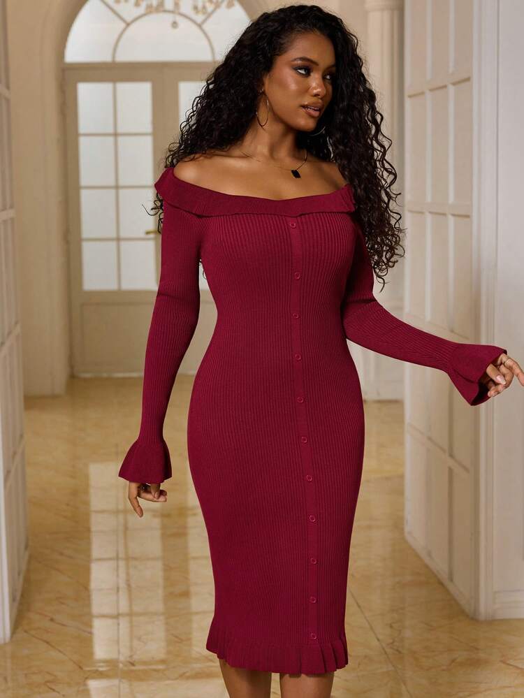 Women's Ruffle Hem Long Sleeve Bodycon Sweater Dress Christmas