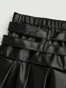 Sweetra 大码女式PU皮A字褶皱迷你裙，学院风 - 黑色 - 查看 6