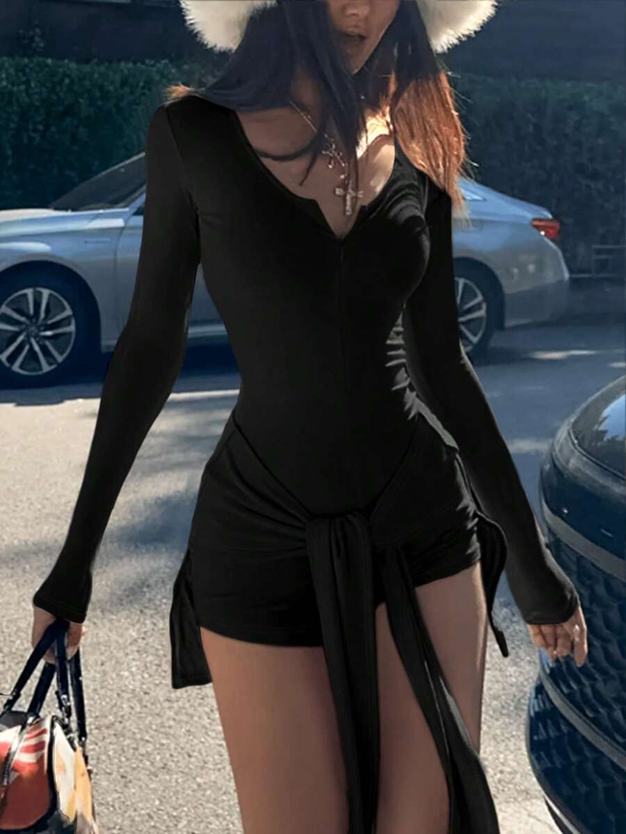 SHEIN EZwear Women's Plain Notched Neck Ruched Bodycon Long Sleeve Jumpsuit