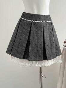 Comfortcana 2025秋冬新款女装时尚爱心印花蕾丝边褶裥正式半身裙，优雅大方，适合毕业典礼、感恩节、派对、新年和圣诞节等场合穿着。 - 灰色 - 查看 2