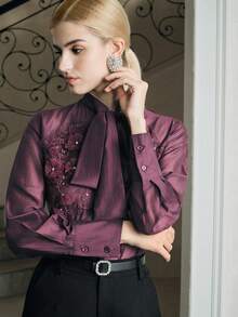 Anewsta Vacation Style Sexy Sheer Applique Decor Tie-Up Bow Blouse For Women - Purple - View 5