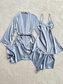 SHEIN 四件套：刺绣V领仿丝吊带睡裙、吊带上衣、短裤和睡袍，秋冬服装 - 霧霾藍 - 查看 4