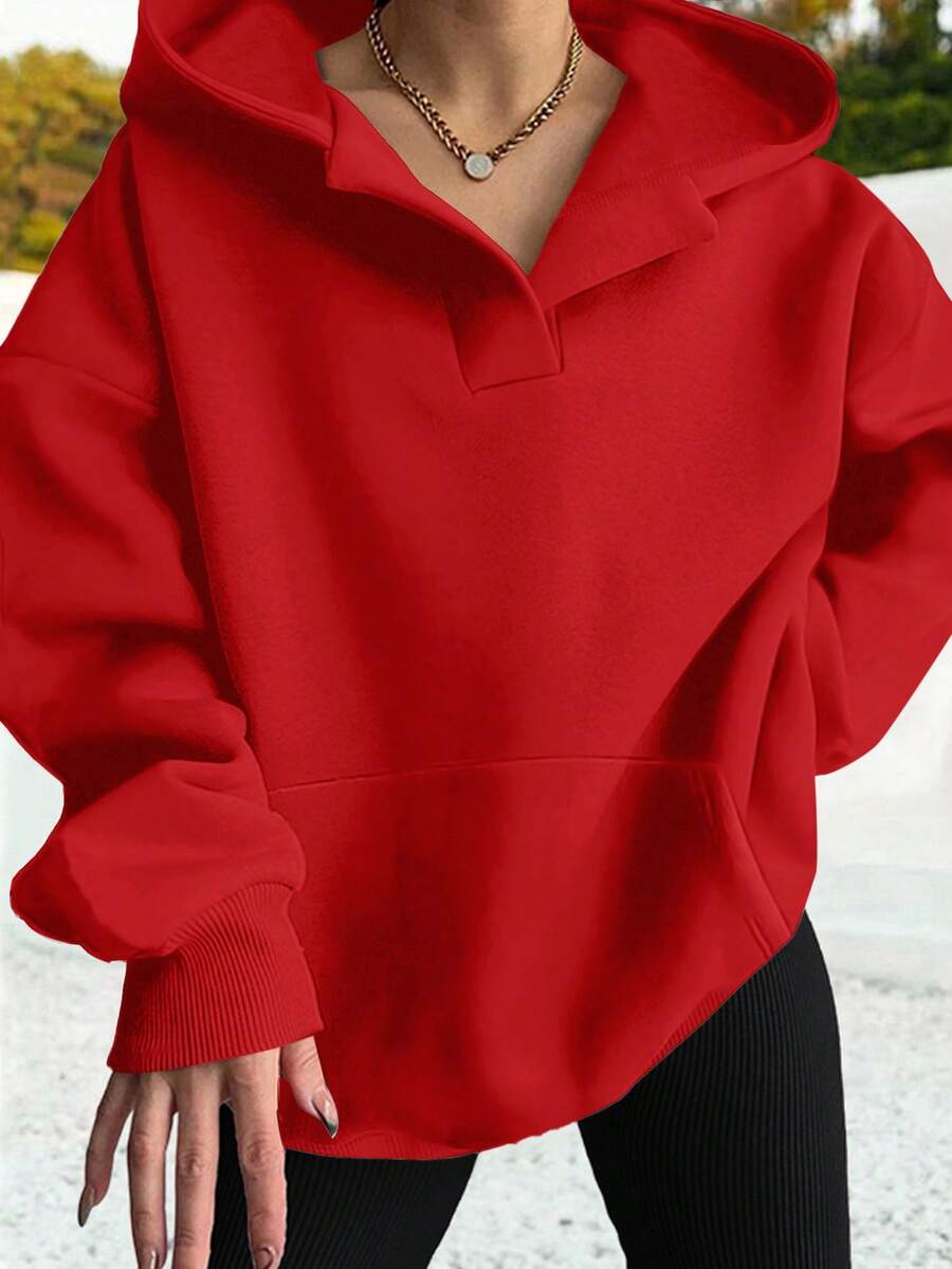 SHEIN EZwear 红色休闲简约宽松女式长袖卫衣,带口袋,适合新年派对 - 紅色 - 查看 1