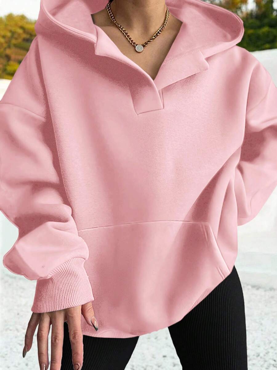 SHEIN EZwear Pink Casual Oversized Loose Fit Long Sleeve Sweatshirt With Pockets, Women - Pink - View 1