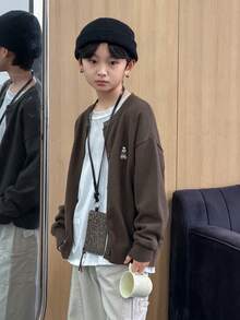 DAZY 青少年男孩纯色落肩长袖纽扣前针织毛衣 - 綠色 - 查看 4