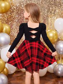 SHEIN Young Girl Vintage & Cute & Fashion & Elegant Contrast Plaid Print Patchwork Dress, Long Sleeves, Cake Dress , Casual Simple Elegant,Wedding Season,Ladylike Gentleman ,Autumn And Winter,For Christmas,Party Wear,Daily Wear,Birthday Dress,Princess Dress,Mom And Daughter And Sisters Matching