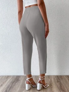 EURMUSE Solid Color Fold-over Pleated Tapered Pants - Grey - View 2