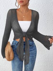 SHEIN VCAY 女士纯色打结休闲百搭薄纱长袖开衫