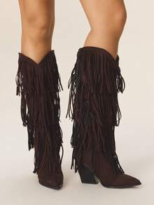 Styleloop 女士过膝编织靴，适合波西米亚风、西部风、音乐节、万圣节、圣诞节、感恩节、新年派对等场合的着装。 - 鏽棕色 - 查看 3